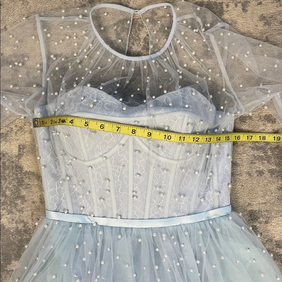 New Mac Duggal Sample Fit Flare Mini Corset Dress Light Blue Pearl Accent Sz 2 - Picture 11 of 14